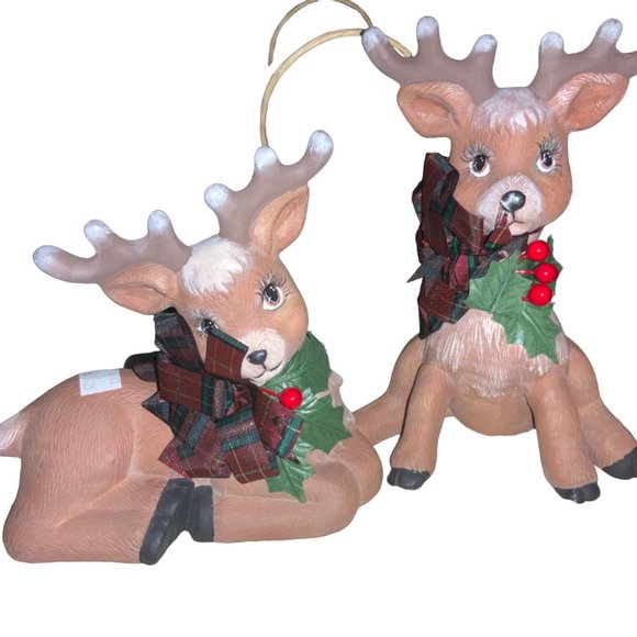 Ceramic Christmas Deer Reindeer Figurines Hand Painted - Picture 1 of 15